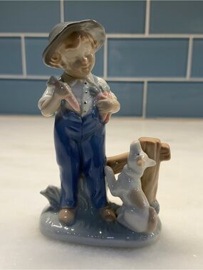 Lego Porcelain Boy Figurine in Blue Overalls with Dog Accent